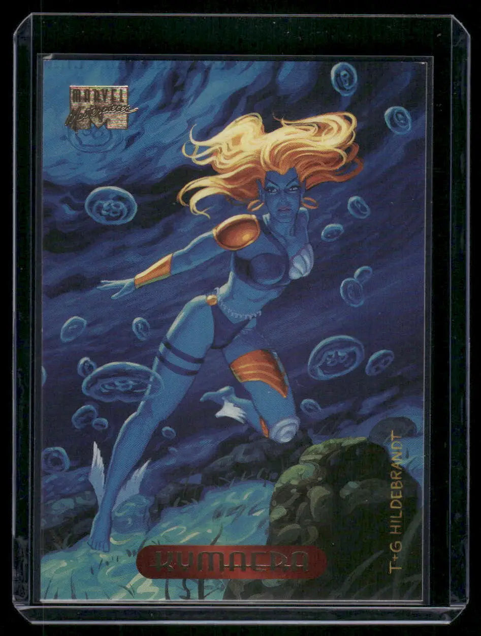 Marvel Masterpieces Kymeara trading card featuring a blue-skinned female in an aquatic setting
