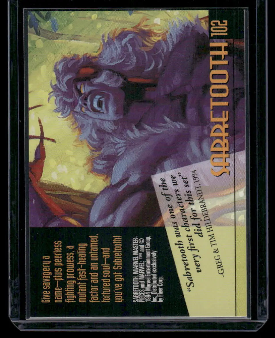 Collectible trading card featuring Sabertooth from 1994 Marvel Masterpieces Sabretooth #102