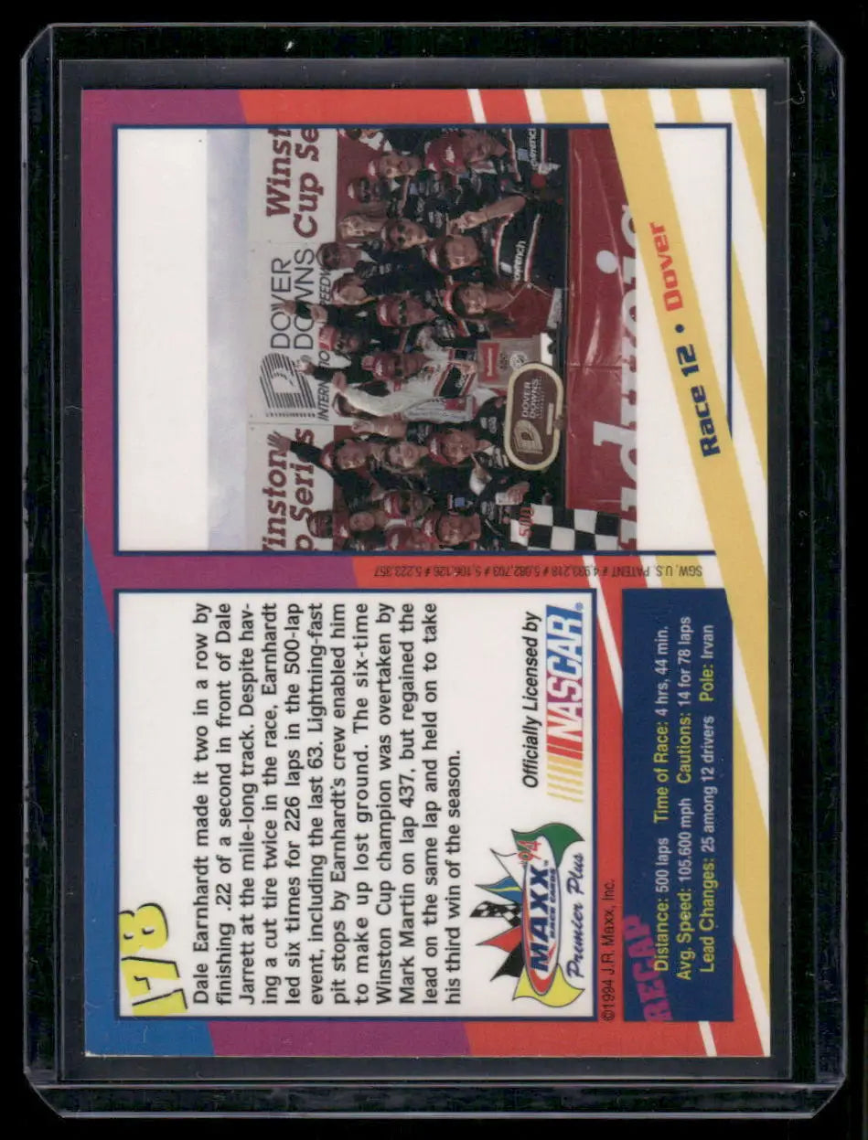 Collectible NASCAR trading card from Maxx Premier Plus featuring Dale Earnhardt and race stats