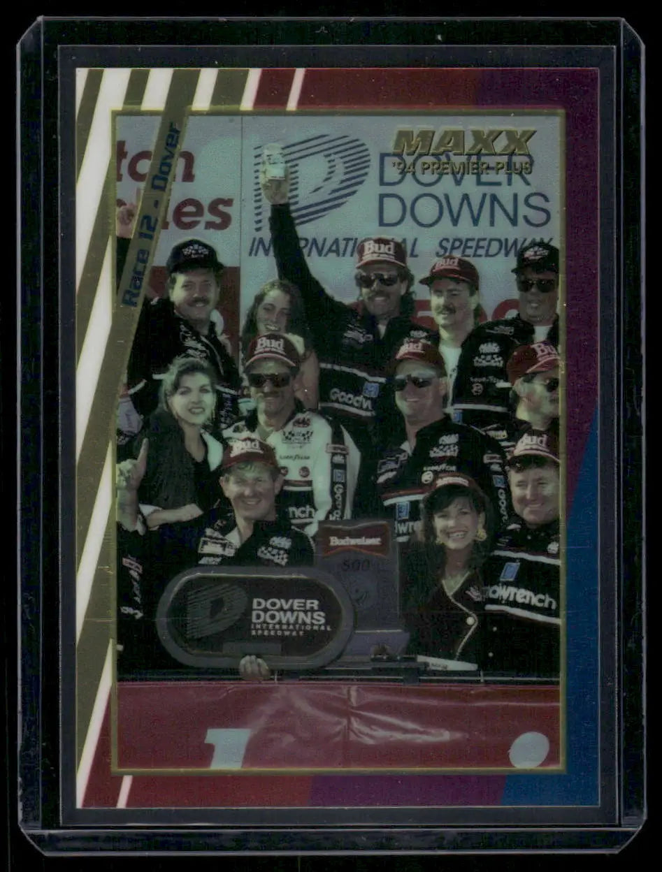 Sports trading card featuring team celebrating victory, 1994 Maxx Premier Plus Dale Earnhardt