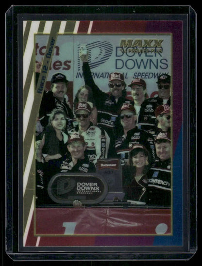 Sports trading card featuring team celebrating victory, 1994 Maxx Premier Plus Dale Earnhardt