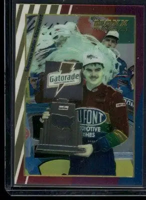 Maxx Premier Plus Jeff Gordon racing trading card with NASCAR driver holding trophy