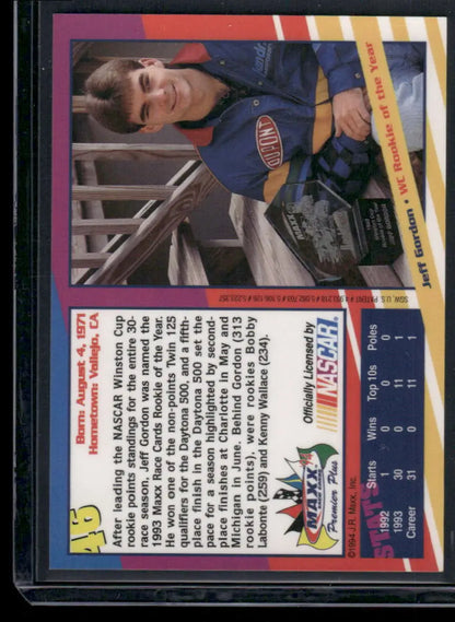NASCAR trading card featuring Jeff Gordon from 1994 Maxx Premier Plus Jeff Gordon series