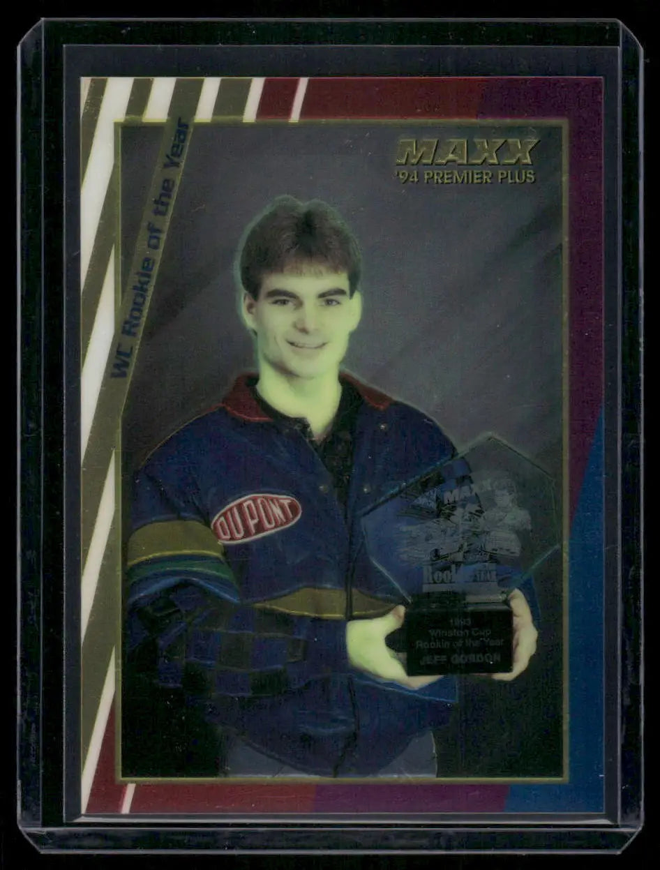 1994 Maxx Premier Plus Jeff Gordon Rookie of the Year racing card displayed in Premier Plus Jeff product