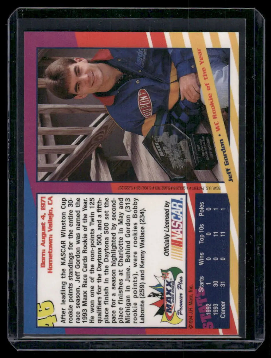 1994 Maxx Premier Plus Jeff Gordon Rookie Card for Auto Racing Collectors