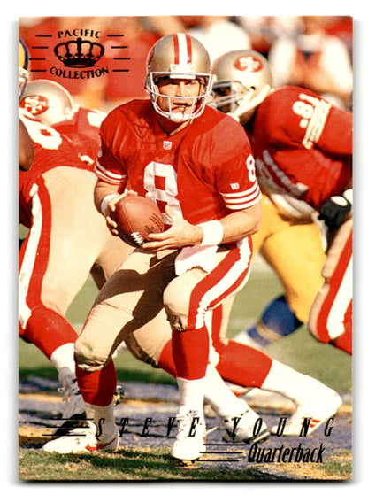 1990s Pacific Football Steve Young trading card featuring San Francisco 49ers in red uniform