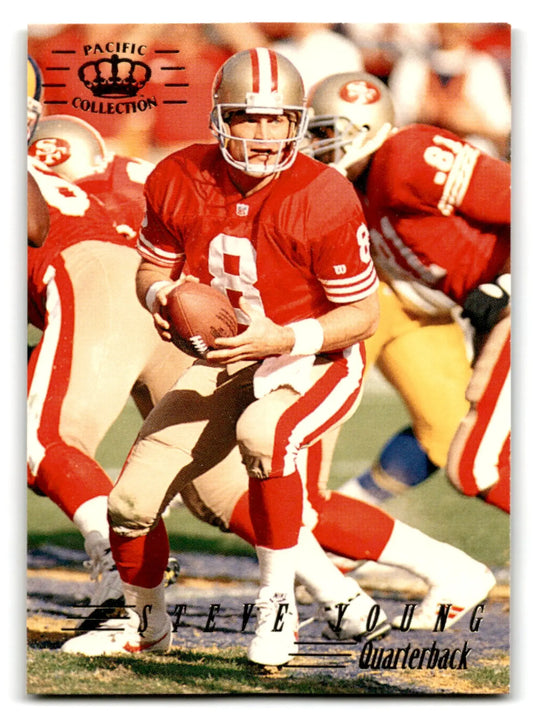 1990s Pacific Football Steve Young trading card featuring San Francisco 49ers in red uniform