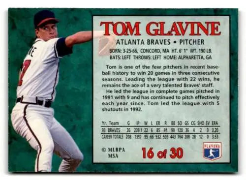 1994 Post Cereal #16 Tom Glavine baseball card with original gloss, NM condition