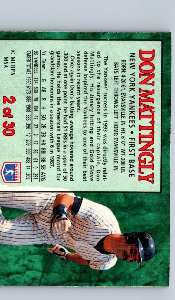 Don Mattingly baseball card from 1994 Post Cereal series featuring Don Mattingly