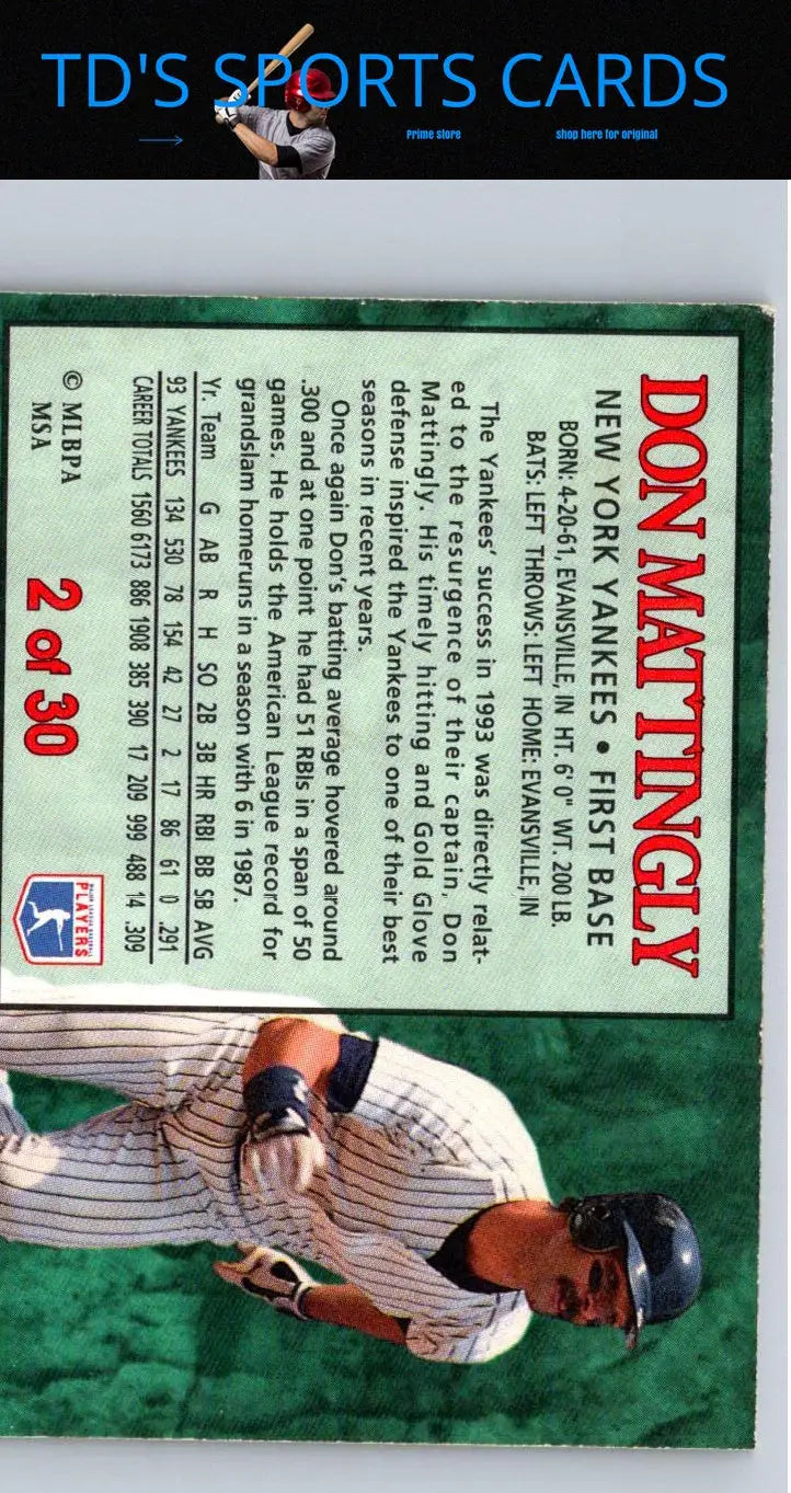 Don Mattingly baseball card from 1994 Post Cereal product collection