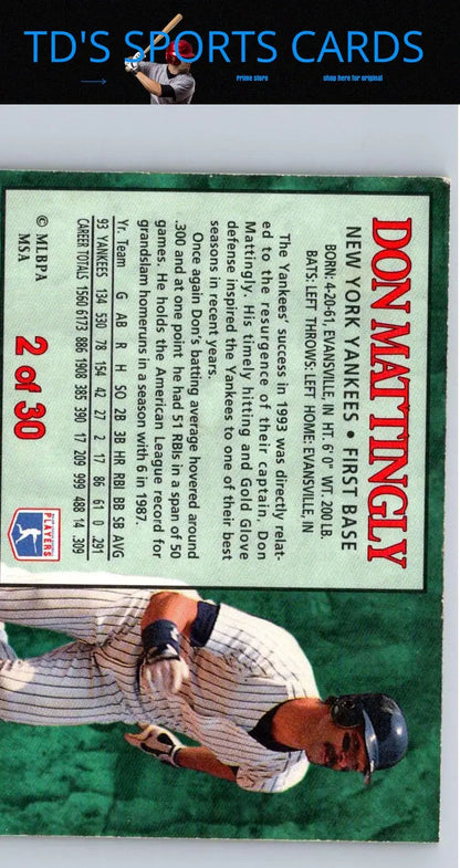 Don Mattingly baseball card from 1994 Post Cereal product collection