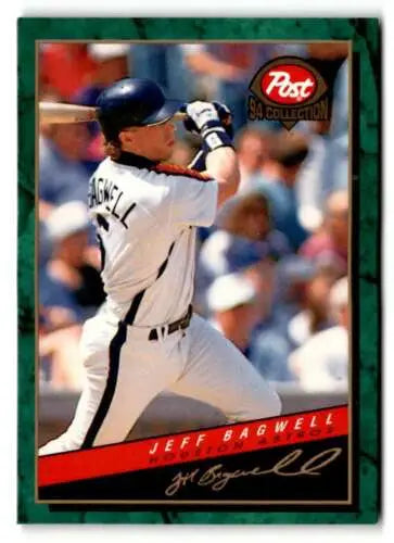 Original gloss 1994 Post Cereal Jeff Bagwell baseball card in white uniform swinging bat