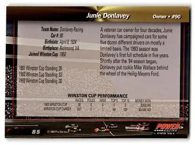 Junie Donlavey racing card from 1994 Power #85 trading cards collection