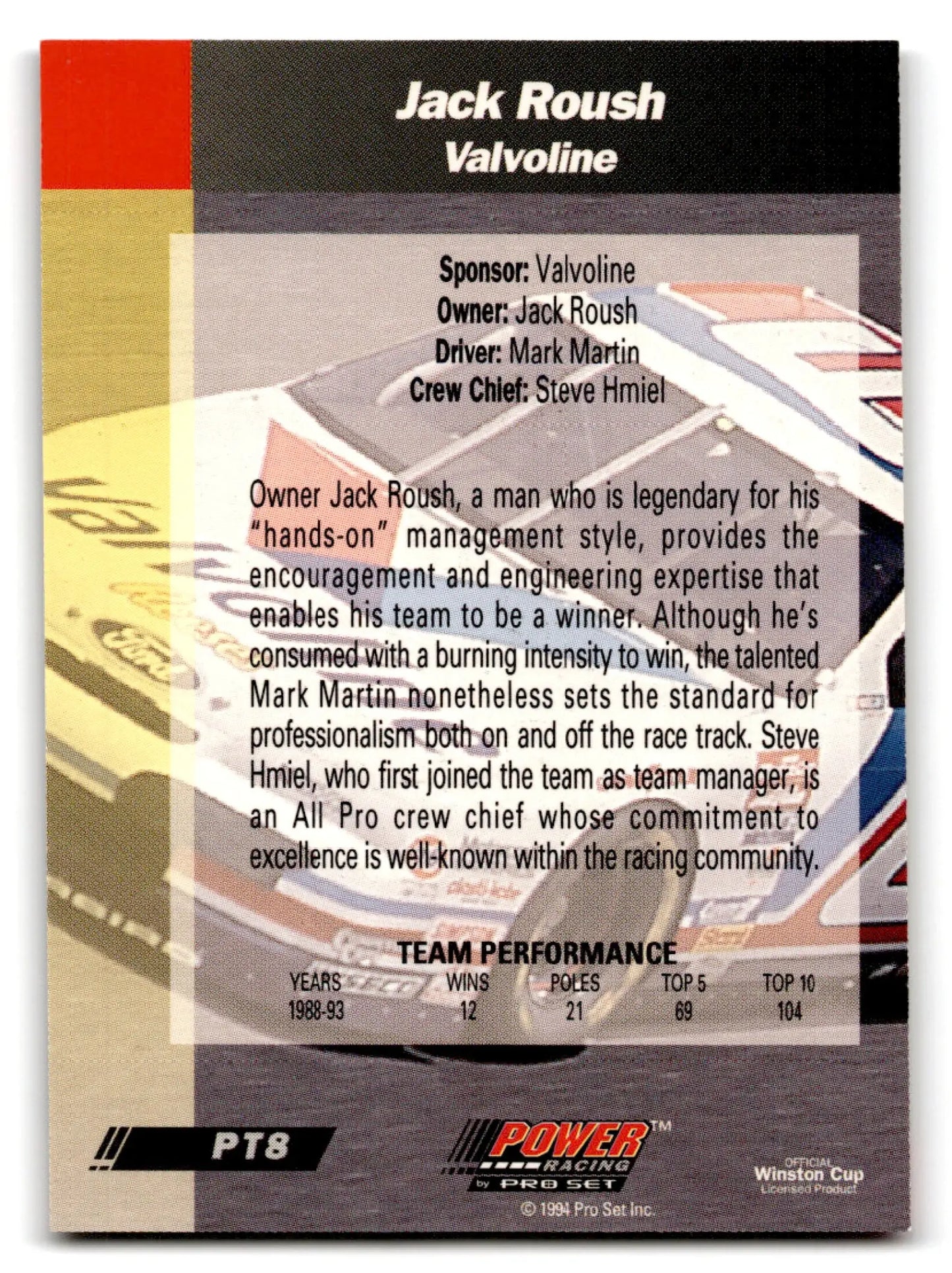 Vintage Jack Roush Valvoline racing trading card from 1994 Pro Set Power Jack series