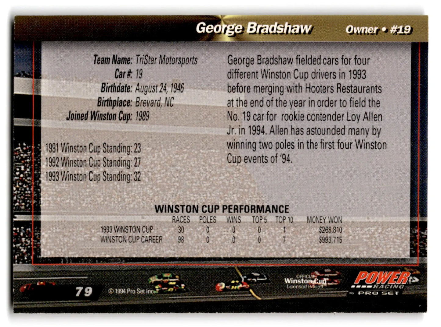 Back of George Bradshaw owner #19 racing card from 1994 Pro Set Power Racing set