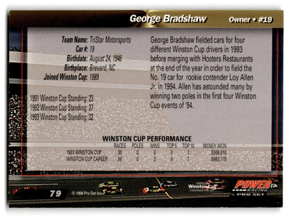 Back of George Bradshaw owner #19 racing card from 1994 Pro Set Power Racing set