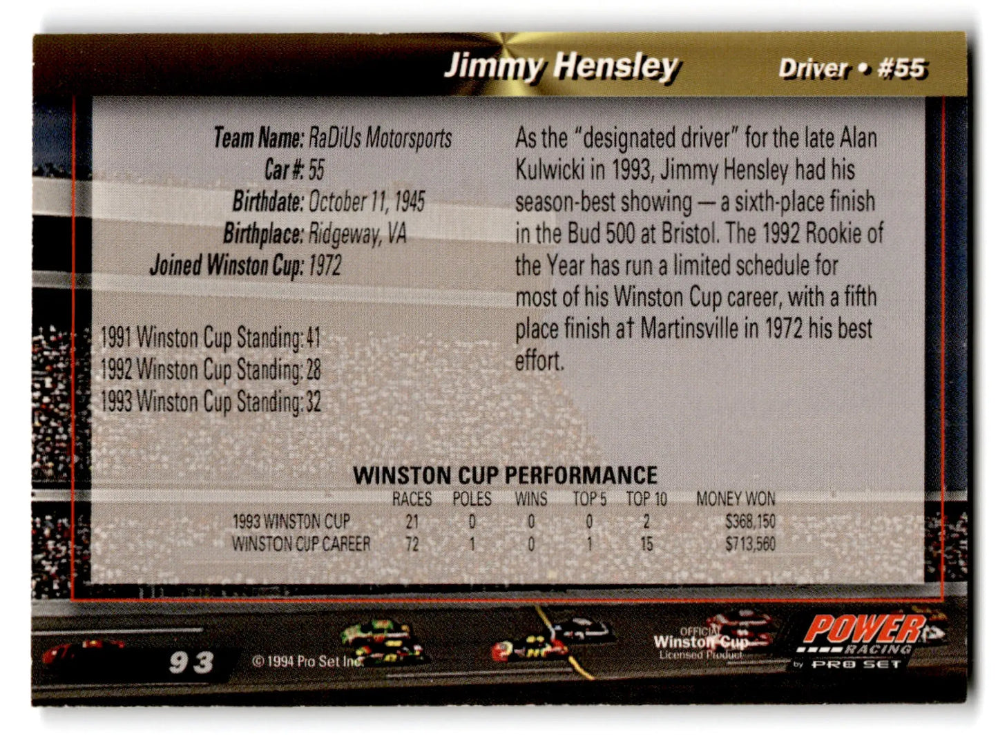 Back of a Jimmy Hensley 1994 Pro Set Power Racing card showcasing set power racing details