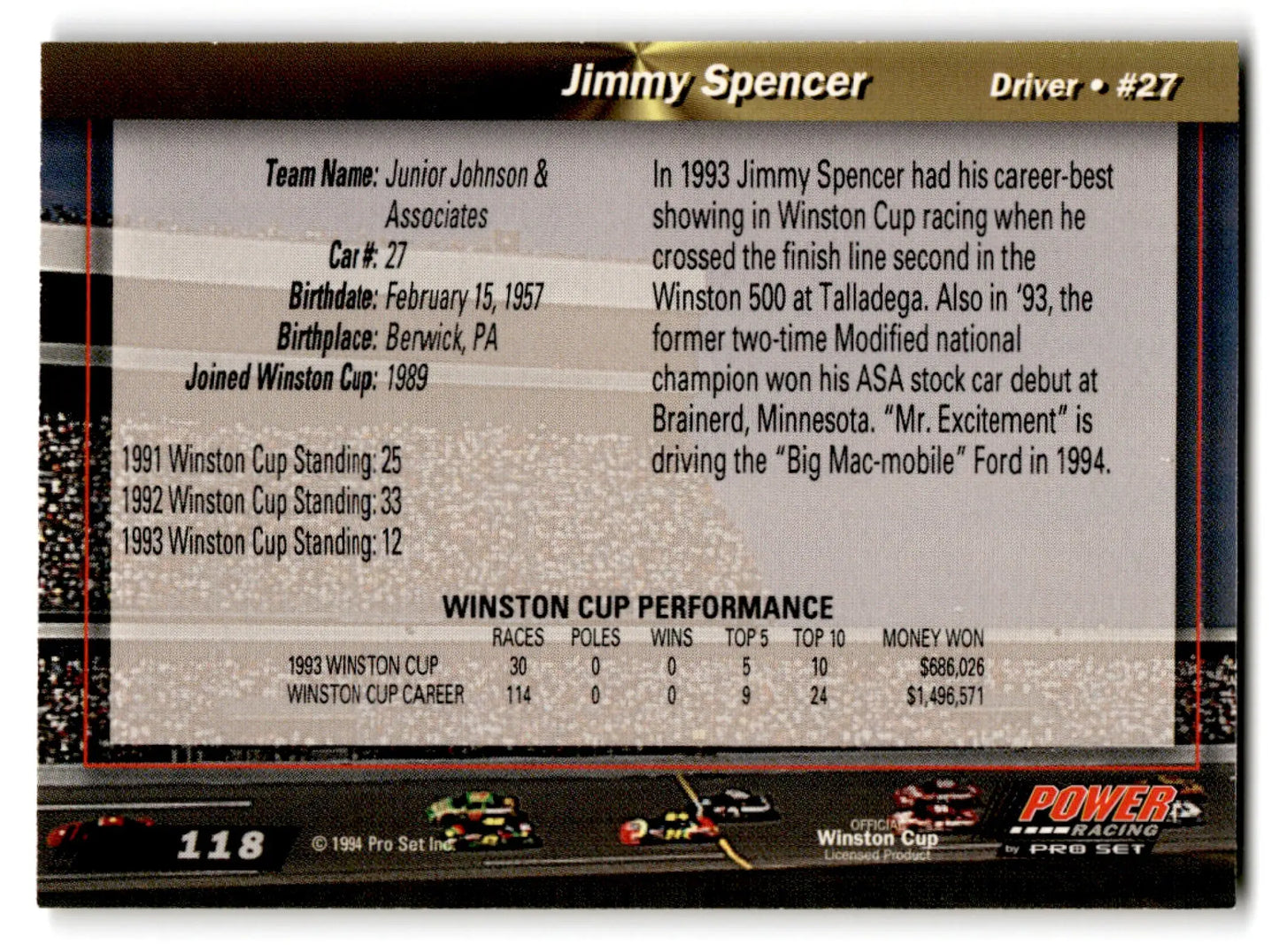 Back of 1994 Pro Set Power Racing Jimmy Spencer trading card featuring set power racing design