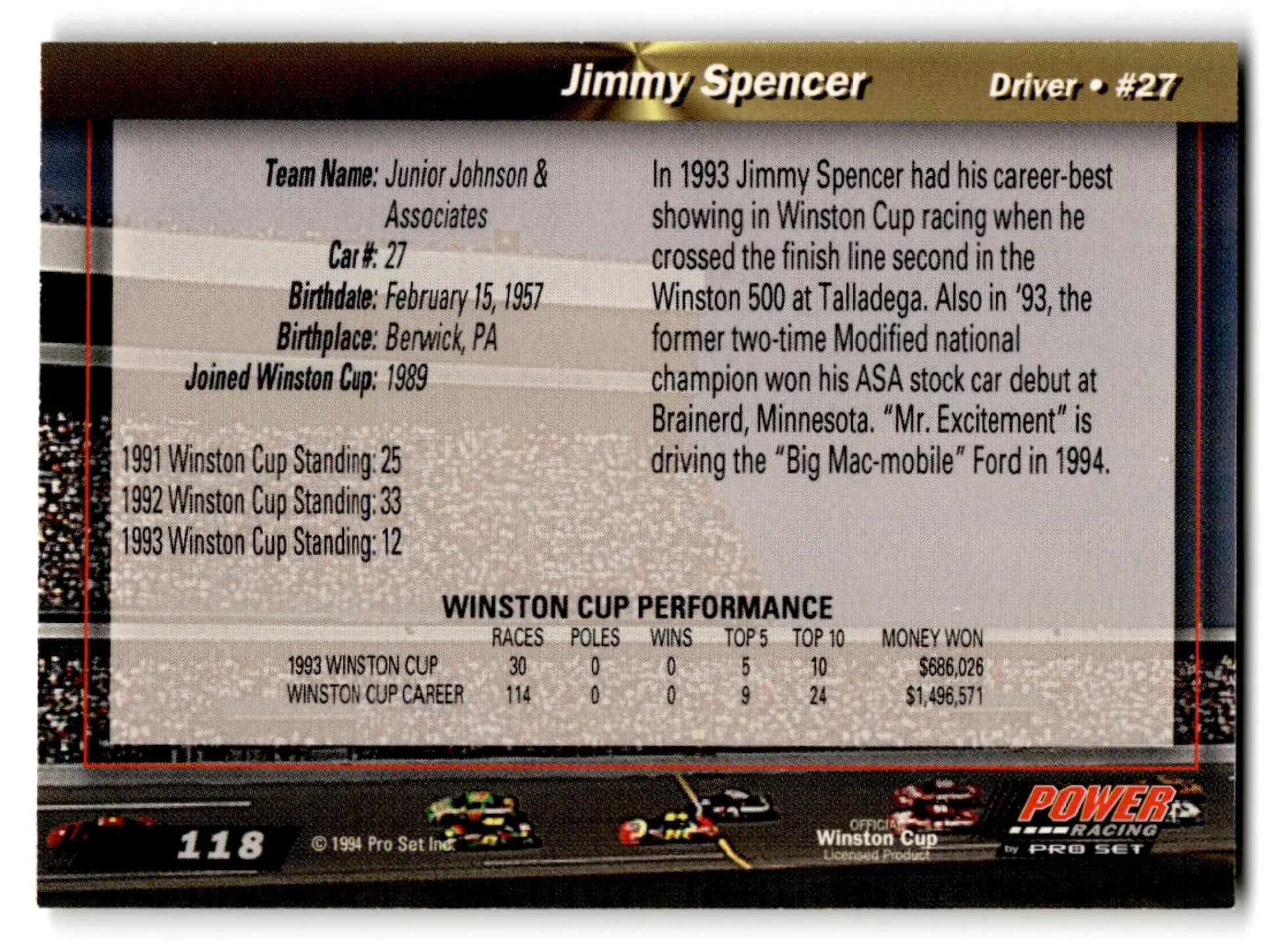 Back of 1994 Pro Set Power Racing Jimmy Spencer trading card featuring set power racing design