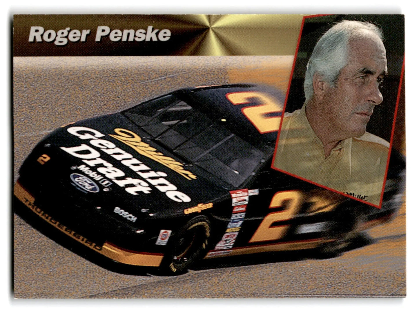 Black and gold race car with Roger Penske portrait for 1994 Pro Set Power Racing card