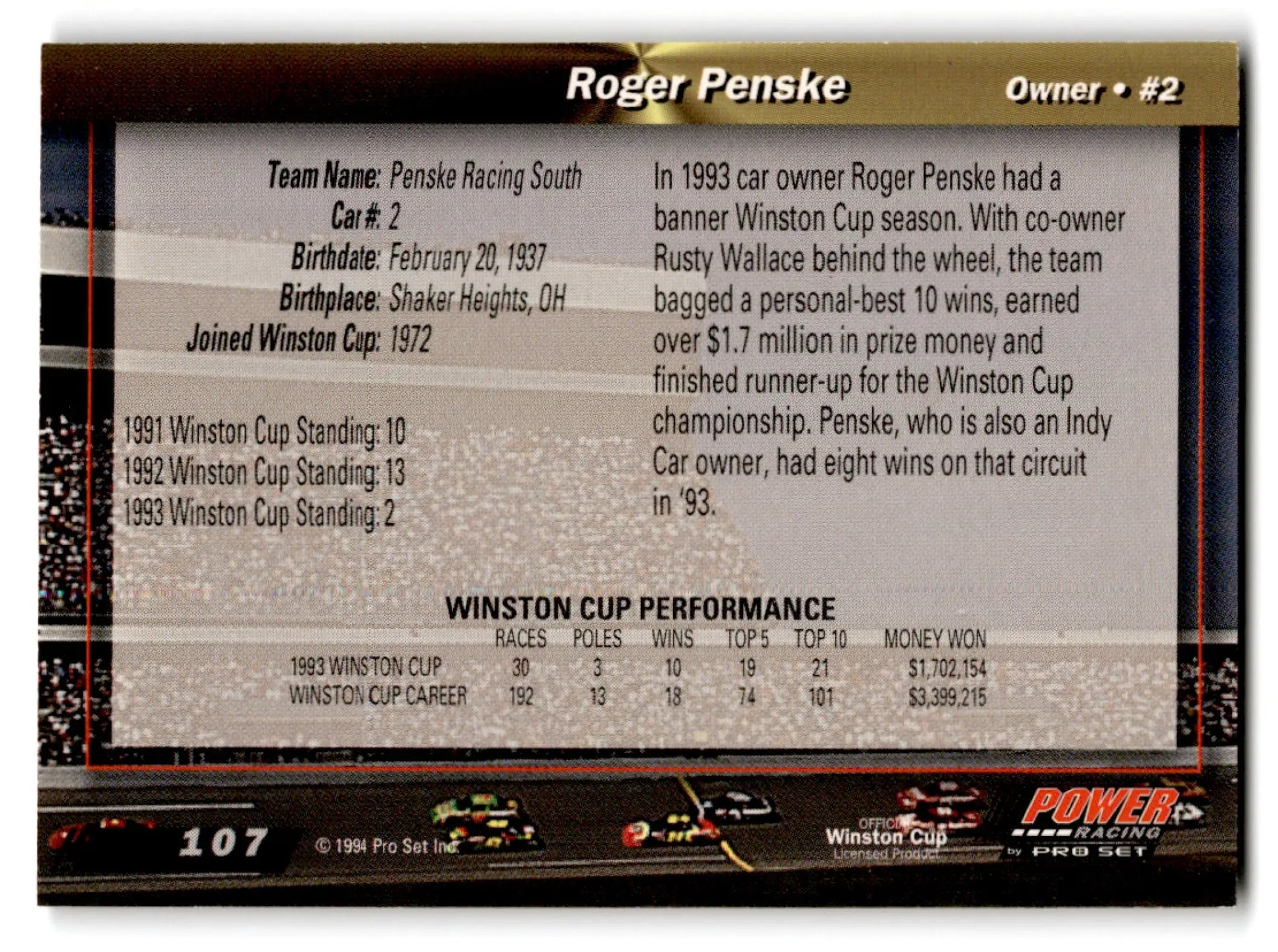 Collectible trading card with racing statistics from 1994 Pro Set Power Racing featuring Power Racing Roger Penske