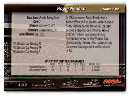 Collectible trading card with racing statistics from 1994 Pro Set Power Racing featuring Power Racing Roger Penske