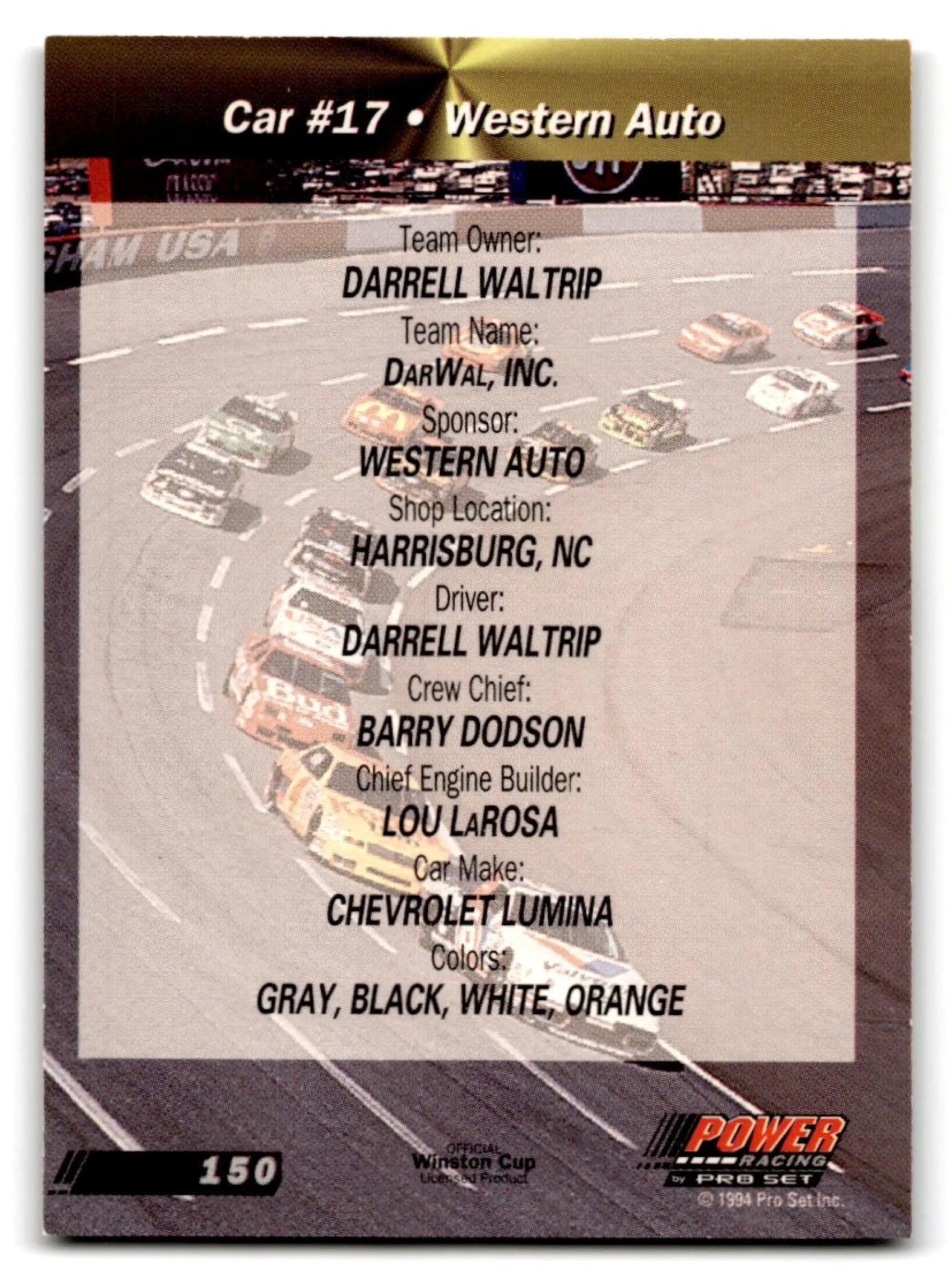 Vintage 1994 Pro Set Power Western Auto NASCAR trading card Darrell Waltrip Chevrolet Lumina