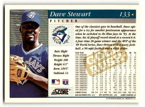 Original gloss Dave Stewart Toronto baseball card from 1994 Score #133 Stewart Toronto Blue Jays