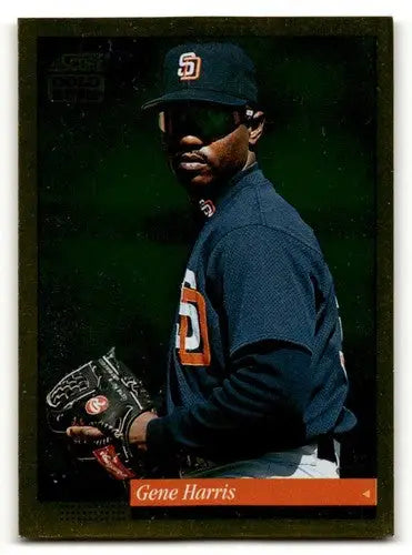 Original gloss 1994 Score Gene Harris San Diego Padres baseball card displayed