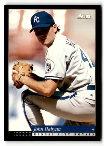 Baseball card of John Habyan pitching for the Kansas City Royals in 1994 Score