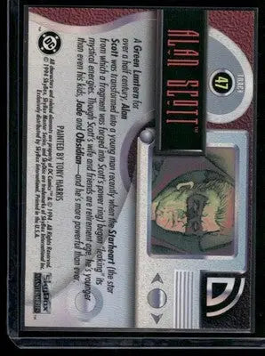 Comic book trading card featuring Alan Scott Green Lantern on reverse side from SkyBox DC Master Series Alan Scott #47