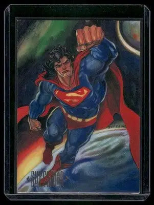 Framed SkyBox Superman Superman trading card featuring long-haired Superman flying above a planet