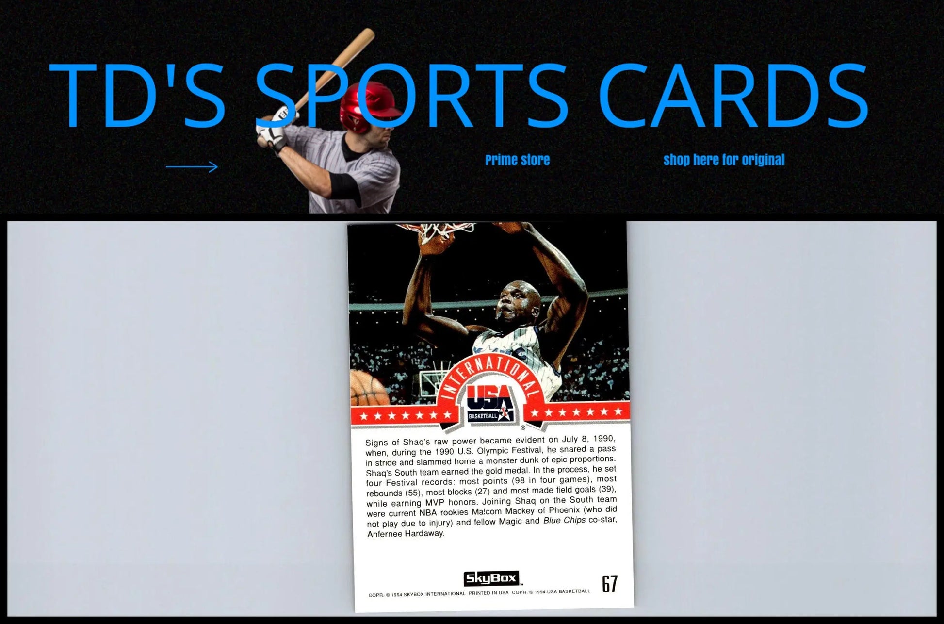 1994 SkyBox USA #67 Shaquille O’Neal Trading Card featuring iconic NBA star
