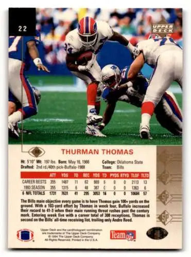 1994 SP #22 Thurman Thomas Buffalo Bills Football Card with original gloss finish