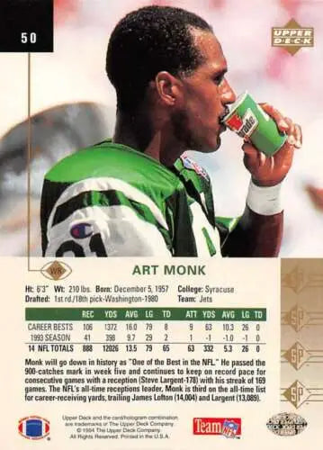 Art Monk 1994 SP #50 football card featuring original gloss from NY Jets lineup
