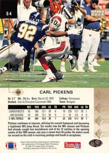 1994 SP #54 Carl Pickens NM-MT Bengals football card with original gloss, collectible value