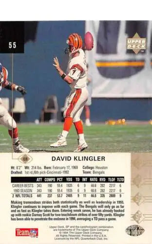 1994 SP #55 David Klingler NM-MT Bengals football card with original gloss finish