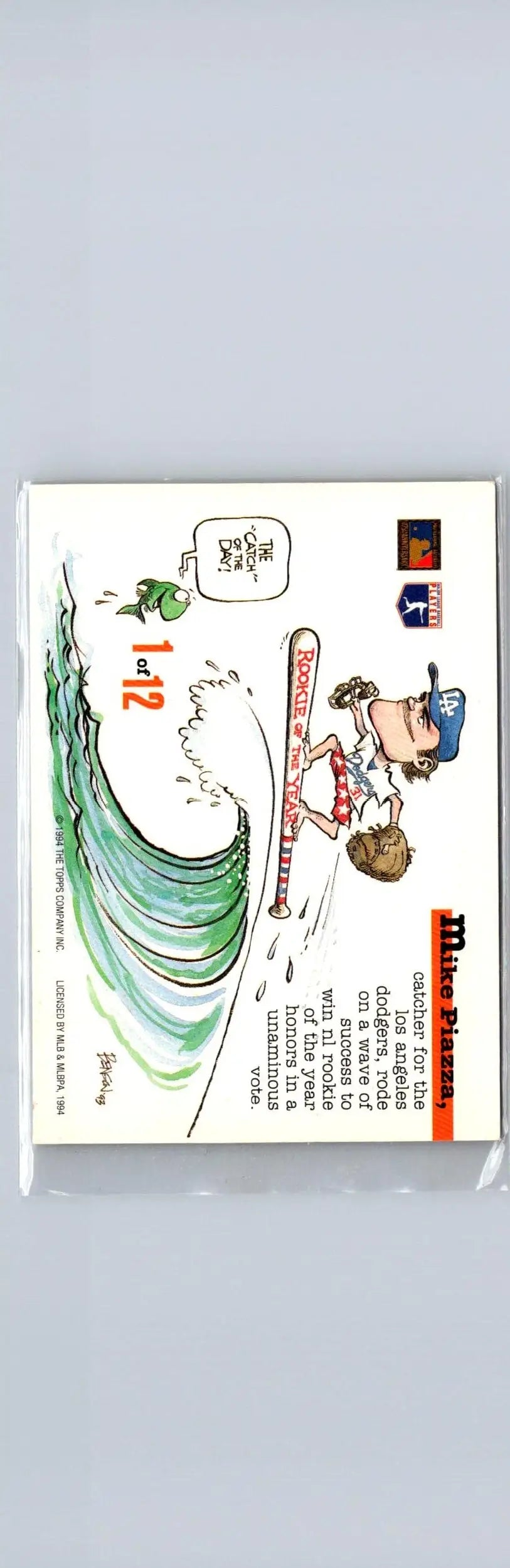 Baseball card featuring Mike Piazza surfing caricature with wave and fish in plastic sleeve