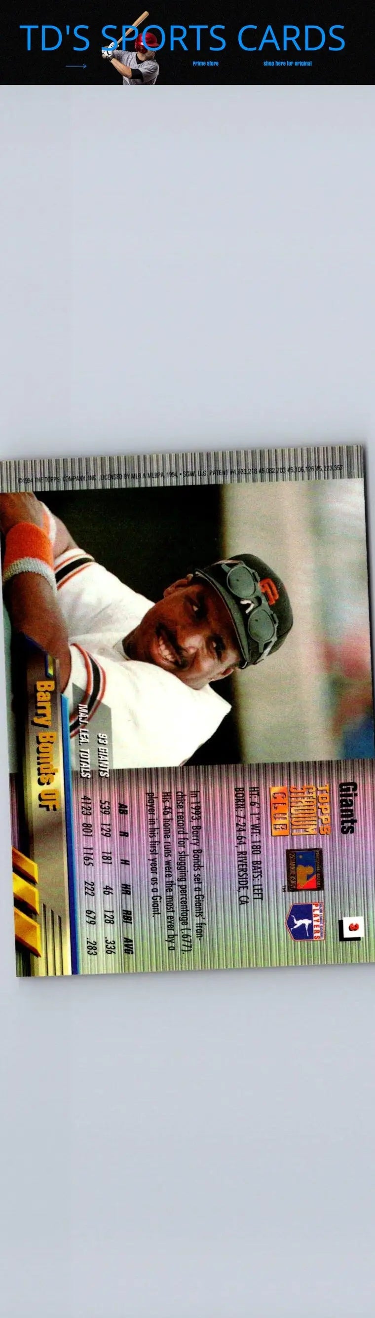 Baseball card of Barry Bonds from 1994 Stadium Club Bonds Finest Members Only