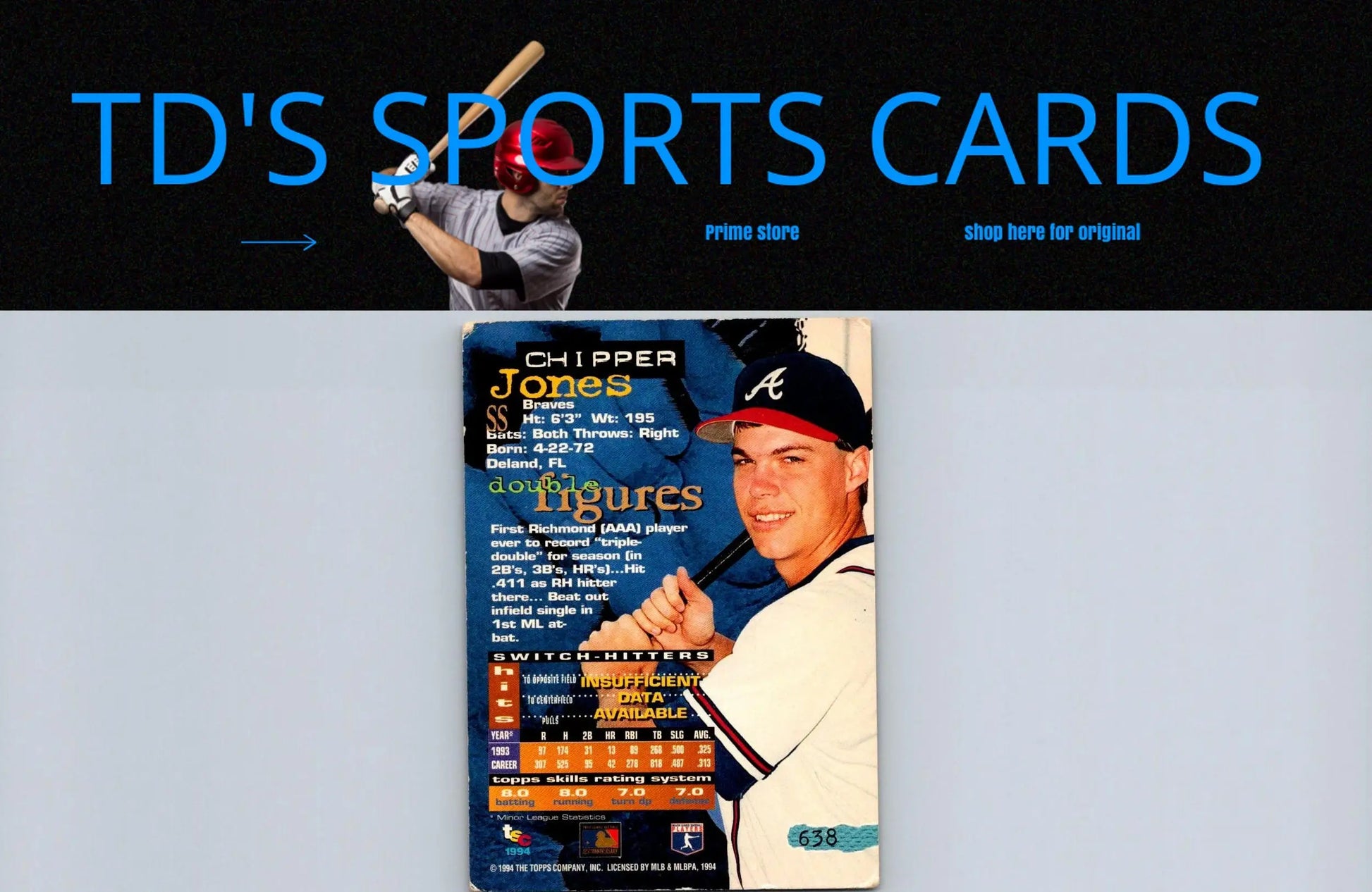 1994 Stadium Club #638 Chipper Jones baseball card for trading card collectors