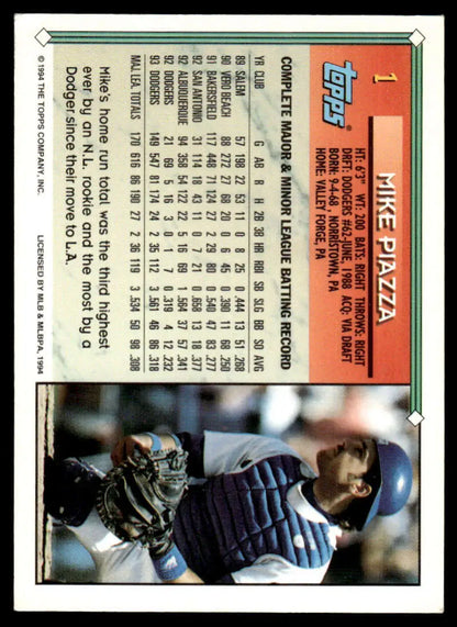 Baseball card of Mike Piazza in navy blue gear for Los Angeles Dodgers