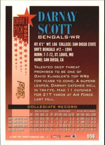 Darnay Scott football card from 1994 Topps #556 with original gloss and rookie status