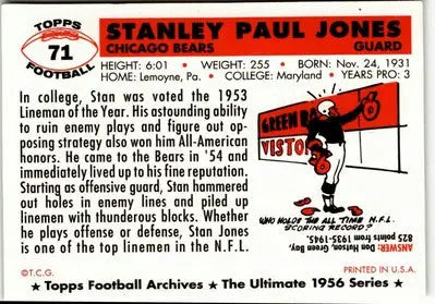Vintage football card featuring Stan Jones from 1994 Topps Archives Chicago Bears