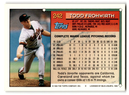1994 Topps Baseball Todd Frohwirth Gold card featuring pitcher Todd Frohwirth from the Baltimore Orioles