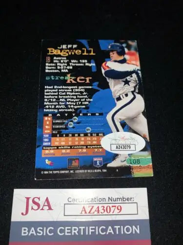 1994 Topps Stadium Club Autograph Jeff Bagwell Signed Card #108 Astros JSA Auto