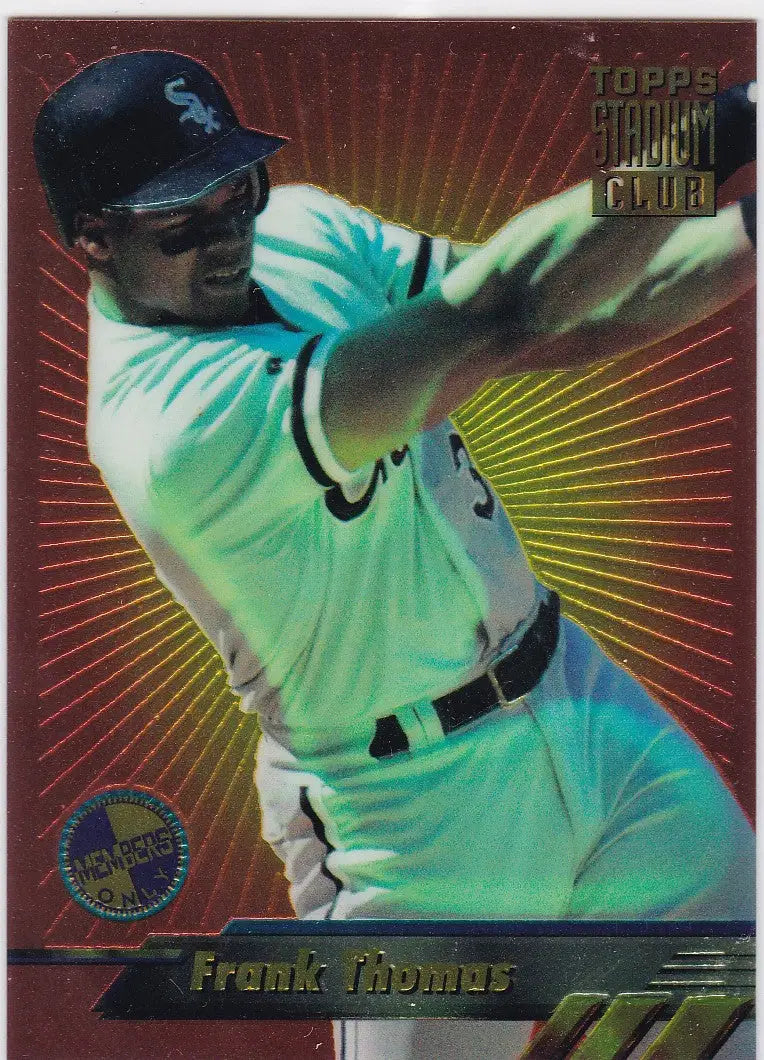 Baseball card of Frank Thomas in teal Chicago White Sox uniform, Topps Stadium Club Finest