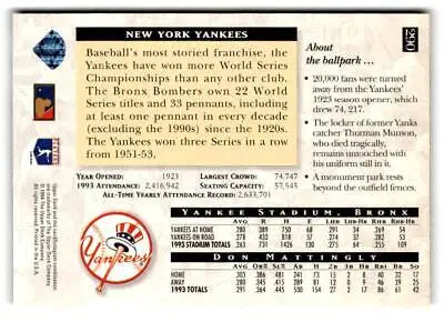 Back of 1994 Upper Deck #290 Don Mattingly trading card showcasing player stats