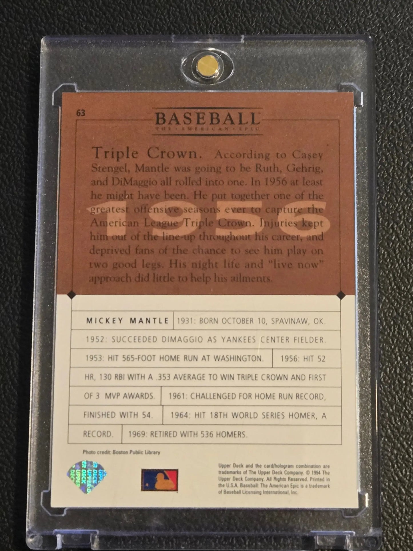 Mickey Mantle baseball trading card in clear protective case from 1994 Upper Deck Baseball