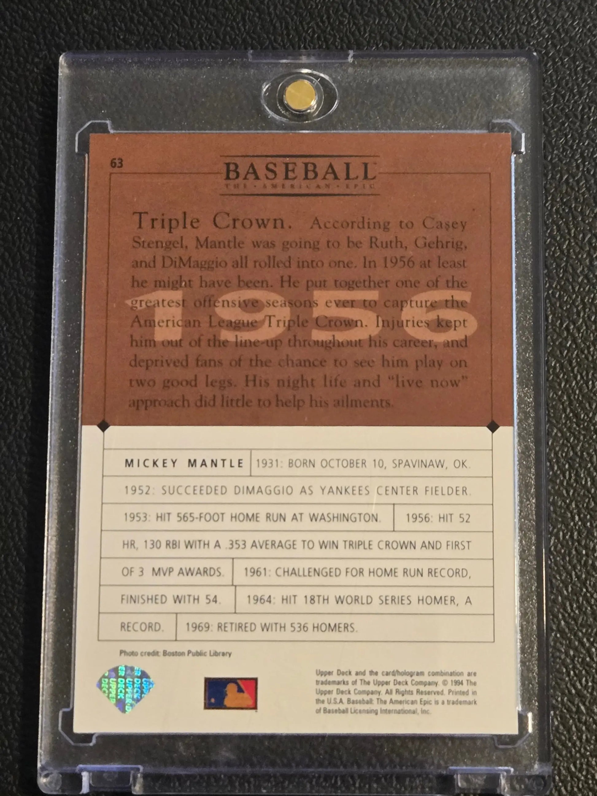 Mickey Mantle baseball trading card in clear protective case from 1994 Upper Deck Baseball