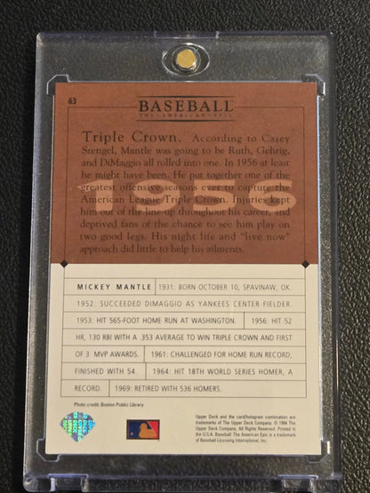 Mickey Mantle baseball trading card in clear protective case from 1994 Upper Deck Baseball